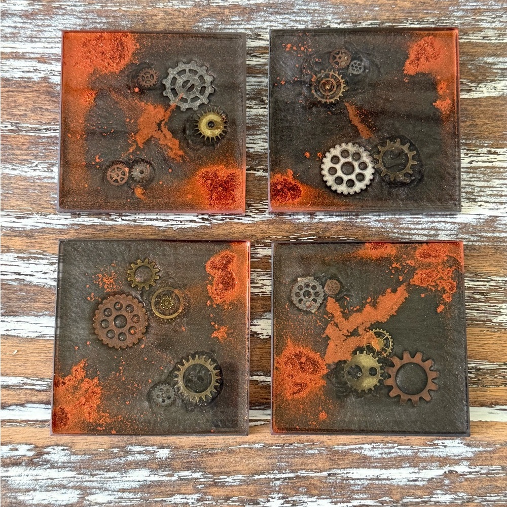 Old World Steampunk Resin Drink Coasters Set of 4 Gears Mechanical Gift